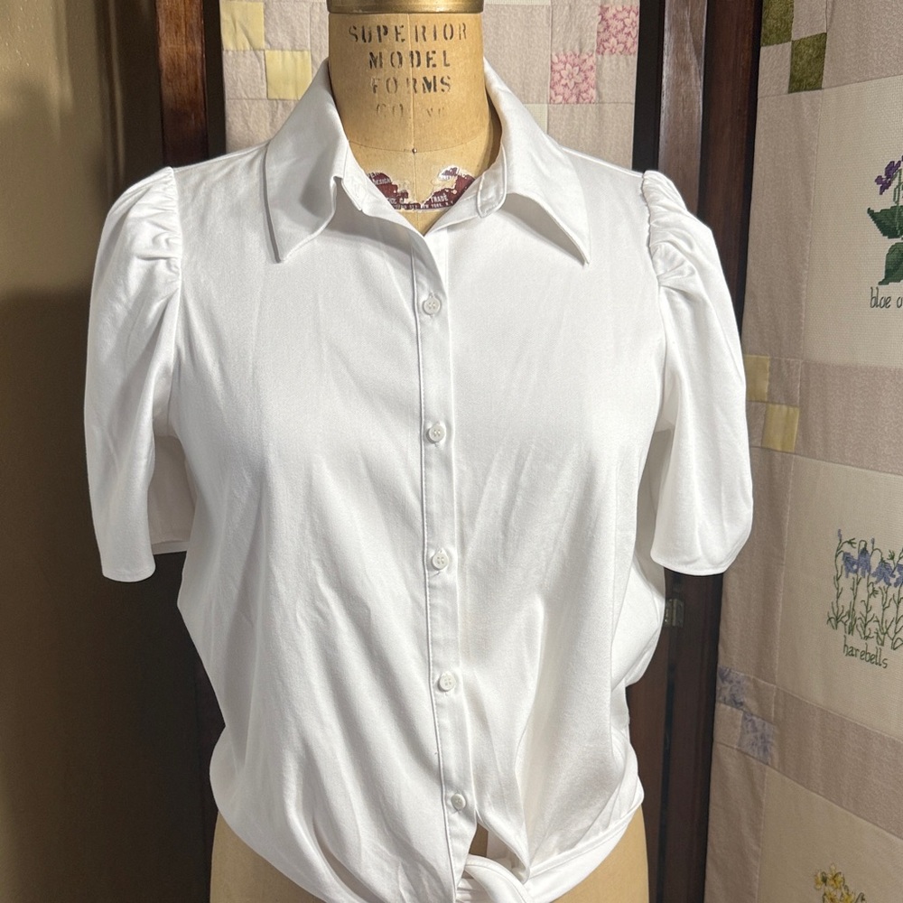 DR2 Puff Sleeve Button-Front Blouse – White Collared Elastic Back Tie-Front Top
